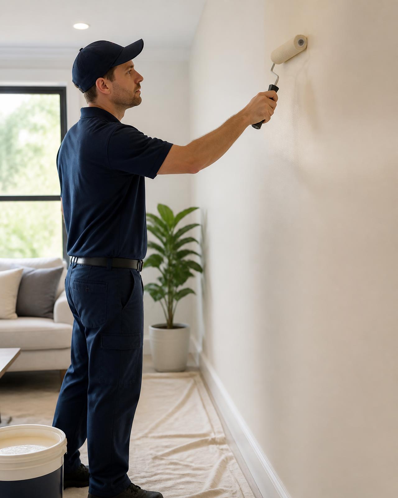 Pintor profissional aplicando acabamento em parede residencial